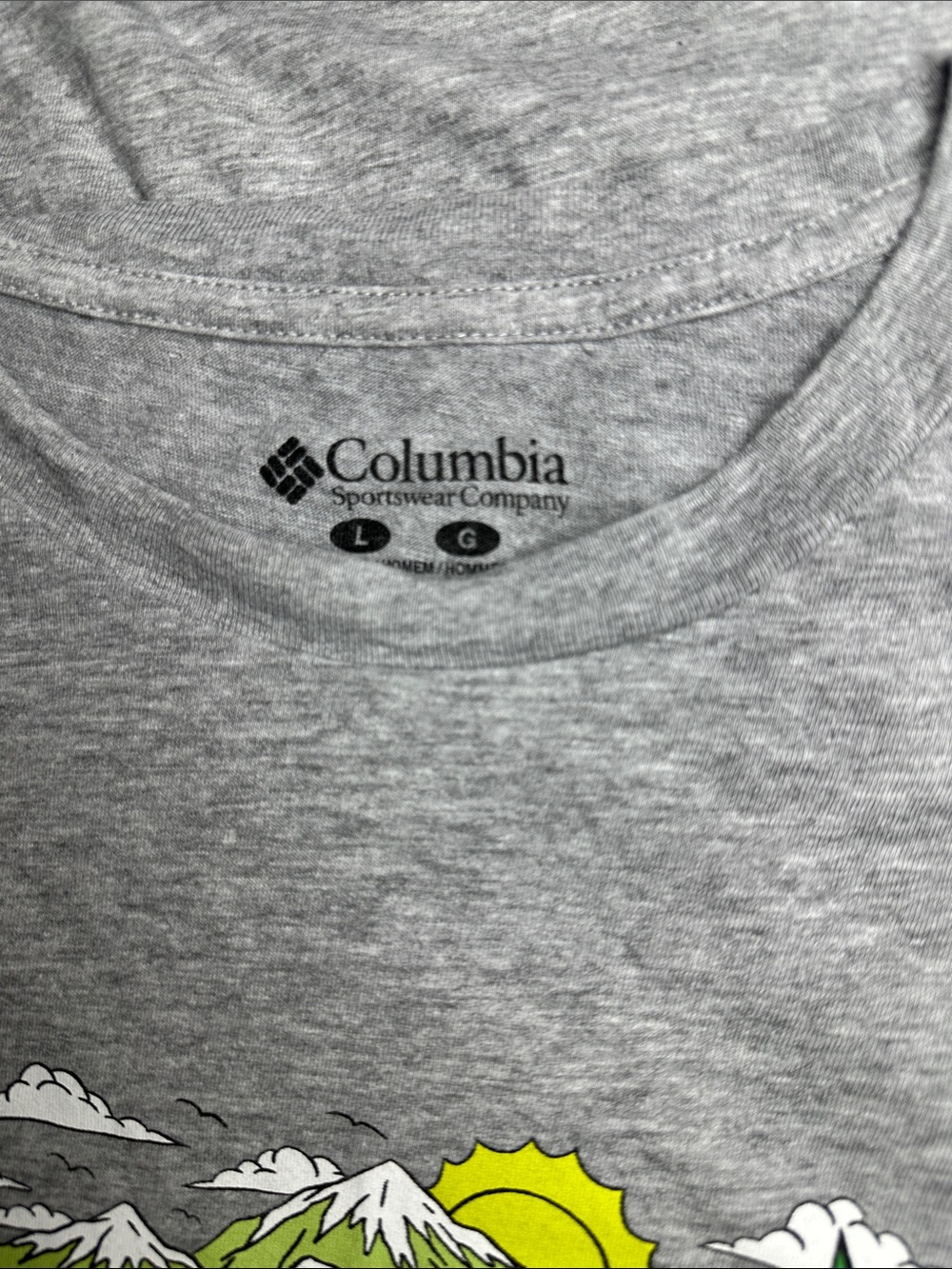 Columbia Heather Gray MenShort Sleeve Tee with Colorful Outdoor Graphics. Sz. L - Picture 3 of 5